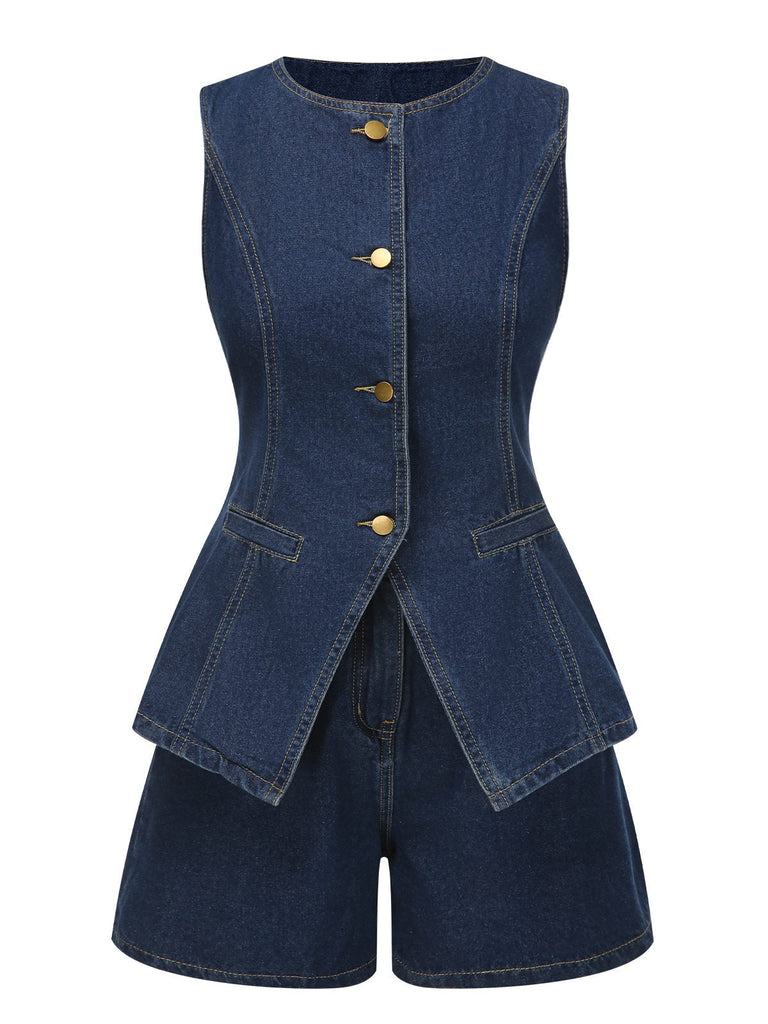 2PCS Gilet e pantaloncini in denim bottoni blu anni '60