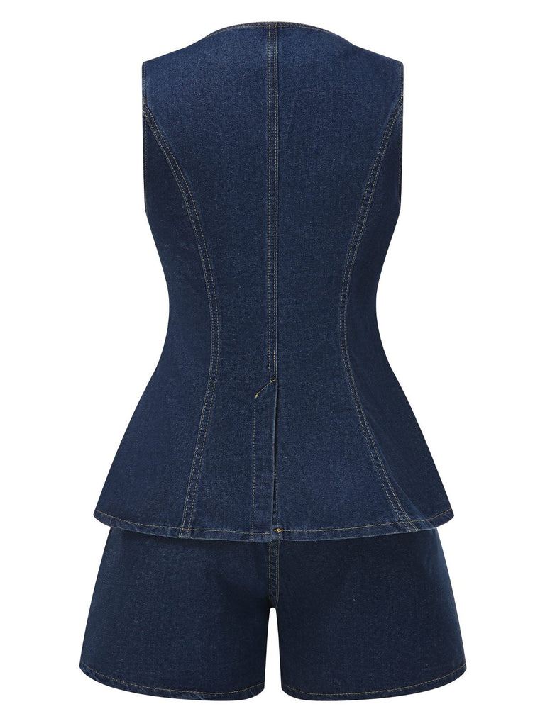 2PCS Gilet e pantaloncini in denim bottoni blu anni '60