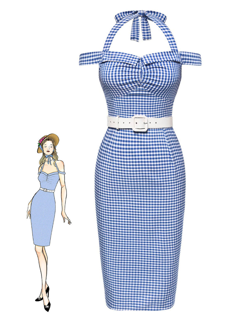 Abito plaid spalle scoperte scollo all'americana blu anni '60