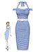 Abito plaid spalle scoperte scollo all'americana blu anni '60