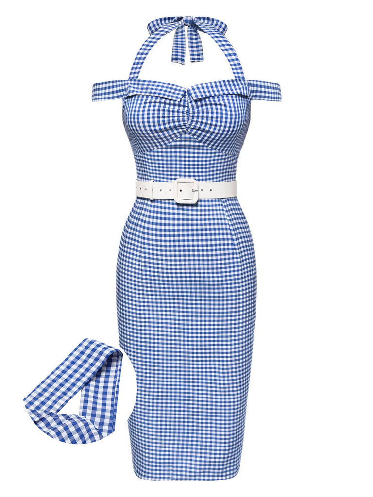 Abito plaid spalle scoperte scollo all'americana blu anni '60