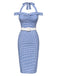 Abito plaid spalle scoperte scollo all'americana blu anni '60