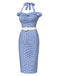 Abito plaid spalle scoperte scollo all'americana blu anni '60