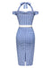 Abito plaid spalle scoperte scollo all'americana blu anni '60