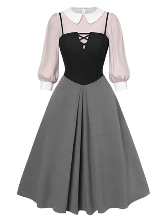 2PCS Camicetta rosa e abito grigio colorblock anni '40