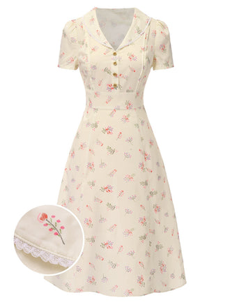 Abito floreale maniche a sbuffo puro cotone beige anni '40