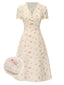 Abito floreale maniche a sbuffo puro cotone beige anni '40