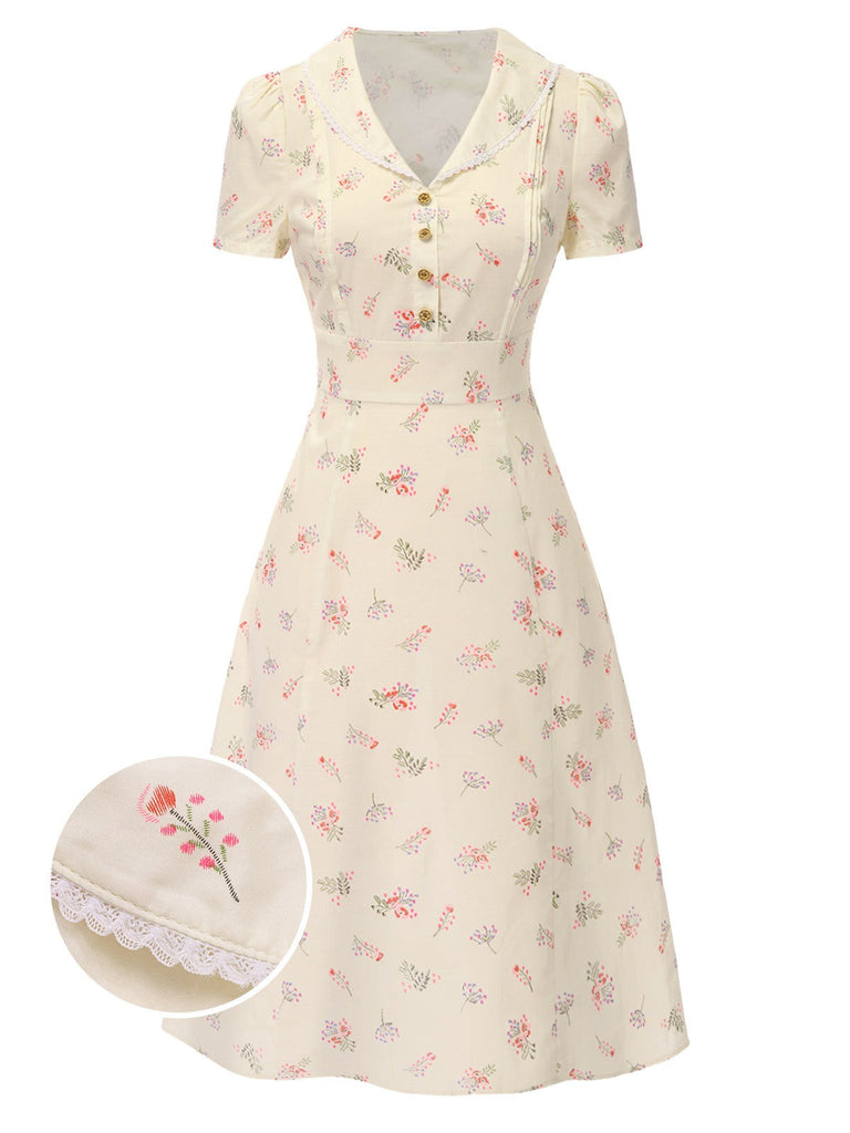 Abito floreale maniche a sbuffo puro cotone blu anni '40