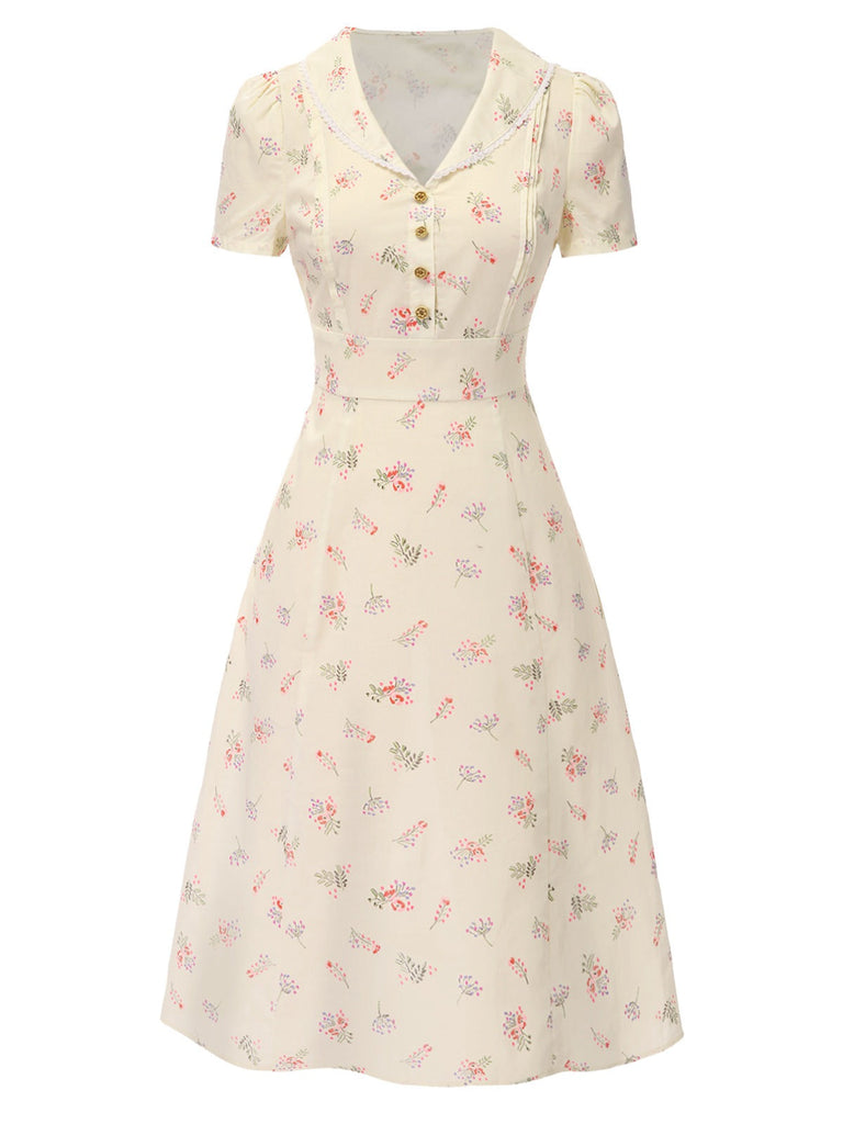 Abito floreale maniche a sbuffo puro cotone beige anni '40
