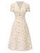 Abito floreale maniche a sbuffo puro cotone beige anni '40