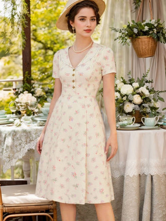 Abito floreale maniche a sbuffo puro cotone beige anni '40