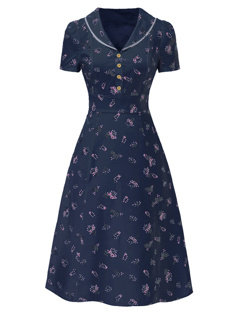 Abito floreale maniche a sbuffo puro cotone blu anni '40