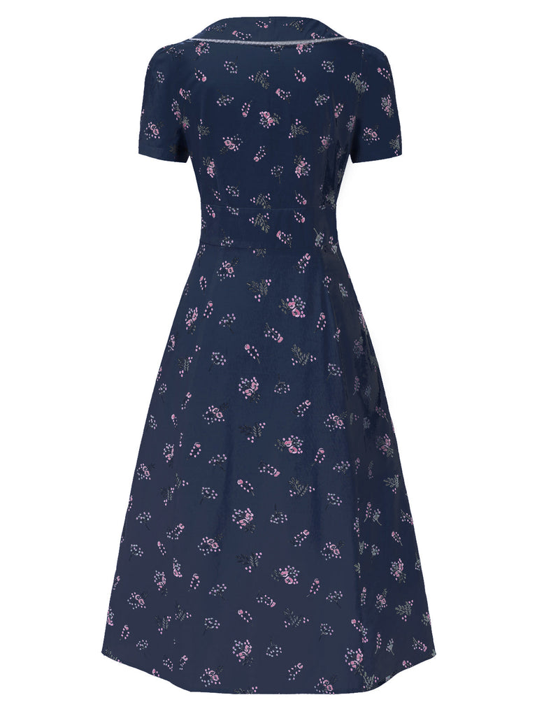 Abito floreale maniche a sbuffo puro cotone blu anni '40