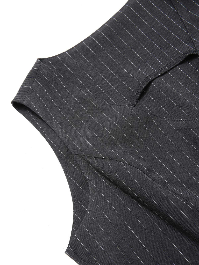 2PCS Top gessato grigio scuro e gonna a pieghe anni '60