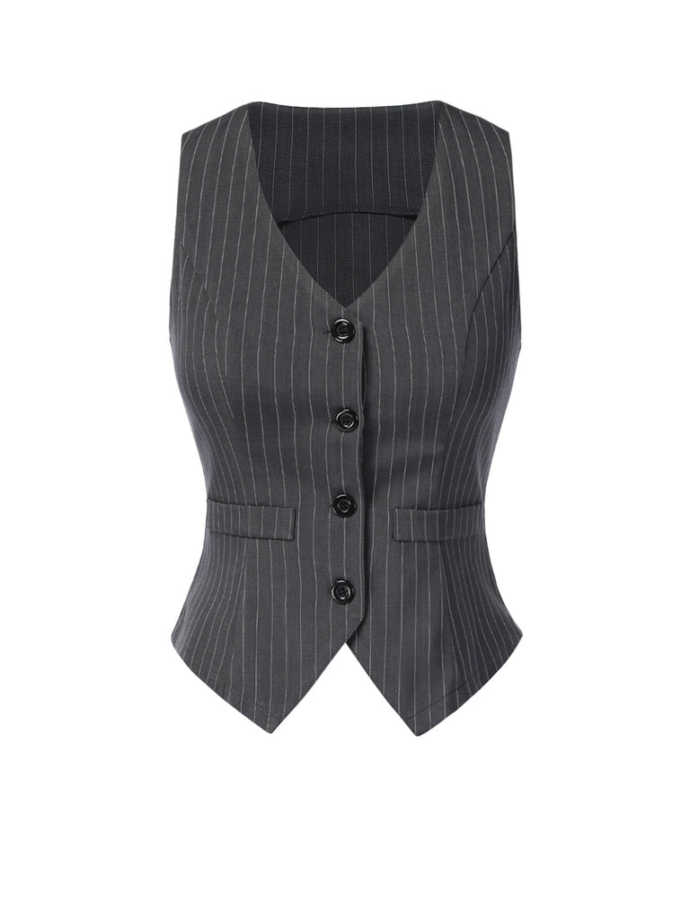 2PCS Top gessato grigio scuro e gonna a pieghe anni '60