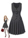 2PCS Top gessato grigio scuro e gonna a pieghe anni '60