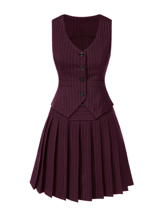 2PCS Top gessato e gonna a pieghe bordeaux anni '60