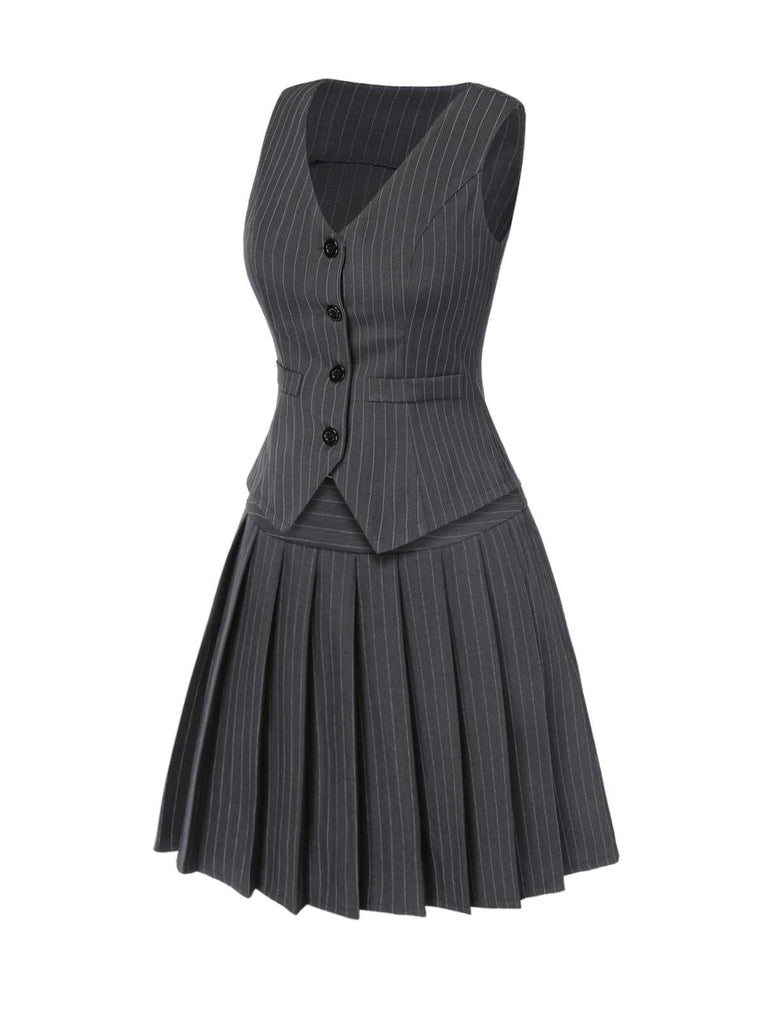 2PCS Top gessato grigio scuro e gonna a pieghe anni '60