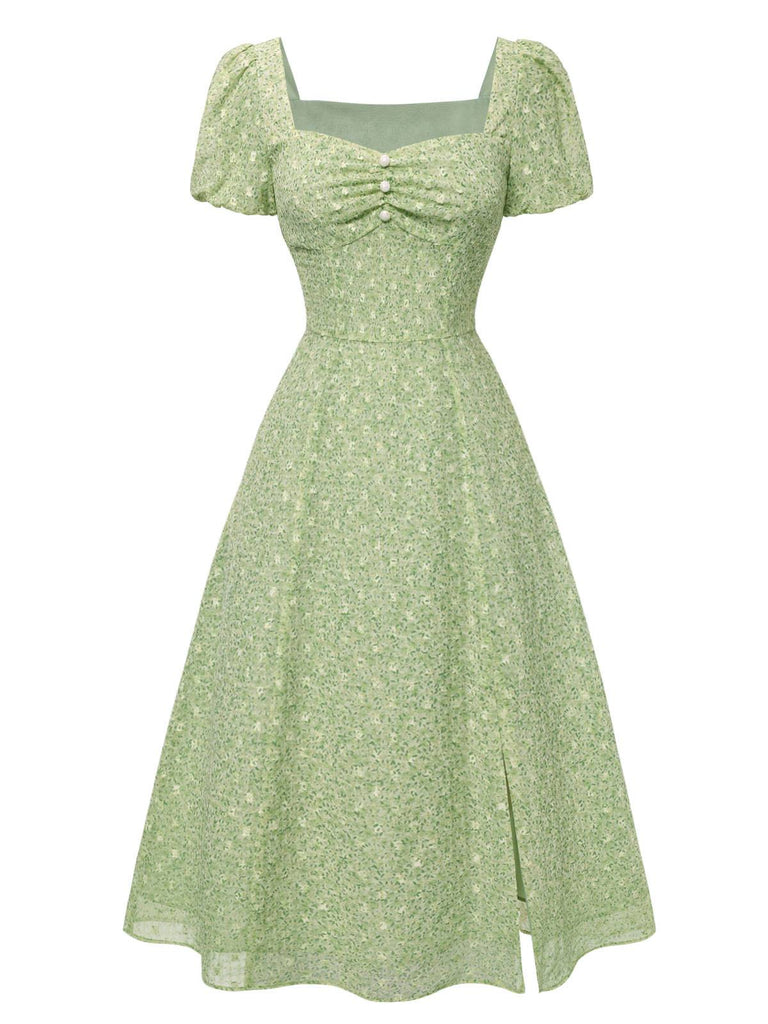 Abito a fiori scollo a cuore Verde anni '40