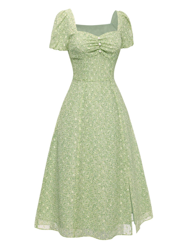Abito a fiori scollo a cuore Verde anni '40