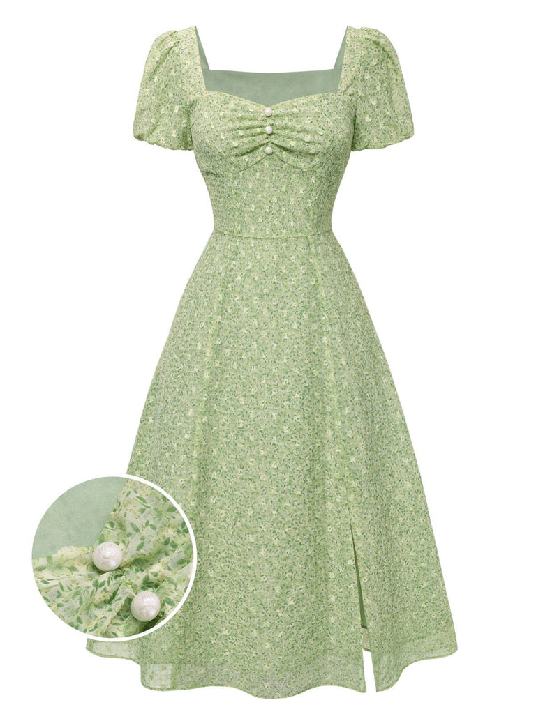 Abito a fiori scollo a cuore Verde anni '40