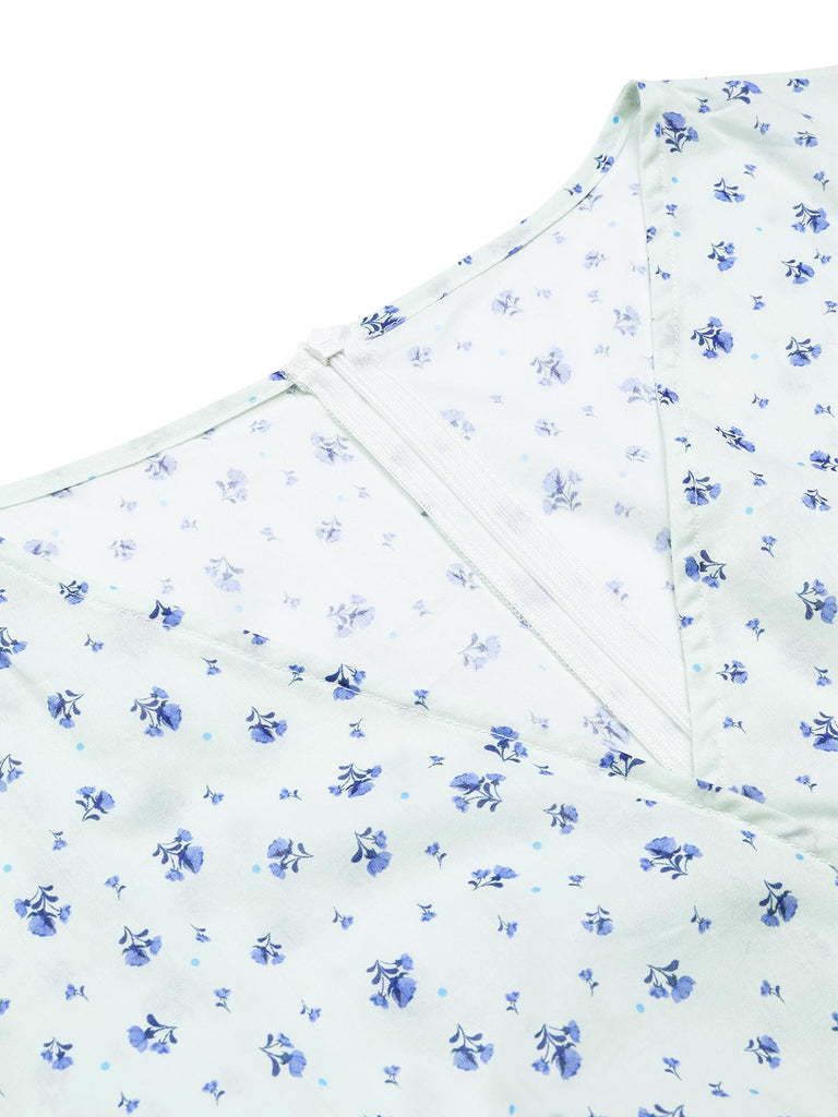 Abito floreale con cravatta obliqua in cotone bianco anni '40