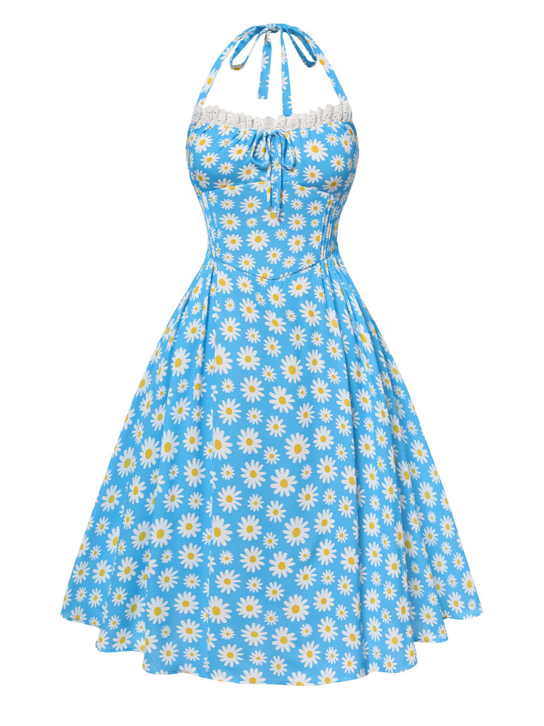 Abito scollo all'americana lacci e margherite blu anni '50