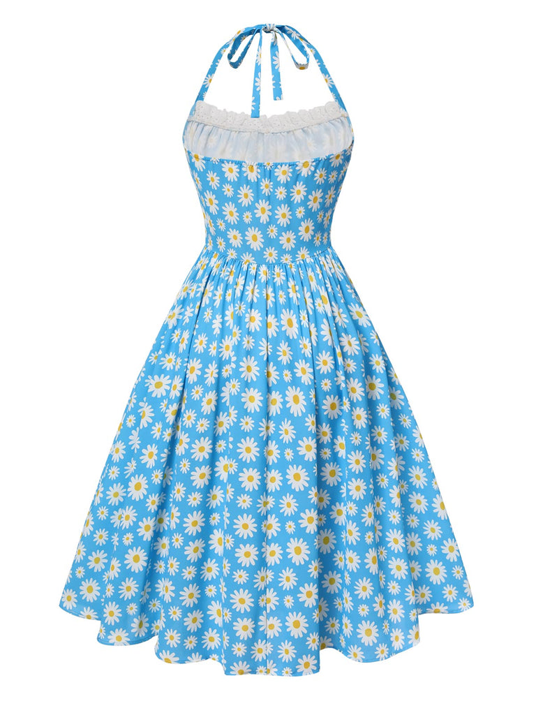 Abito scollo all'americana lacci e margherite blu anni '50