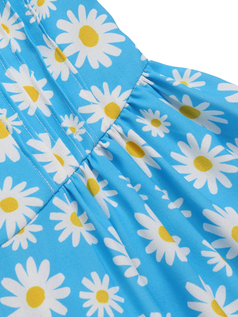 Abito scollo all'americana lacci e margherite blu anni '50
