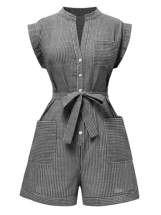Tuta corta a righe cintura e tasche scollo a V nero anni '40