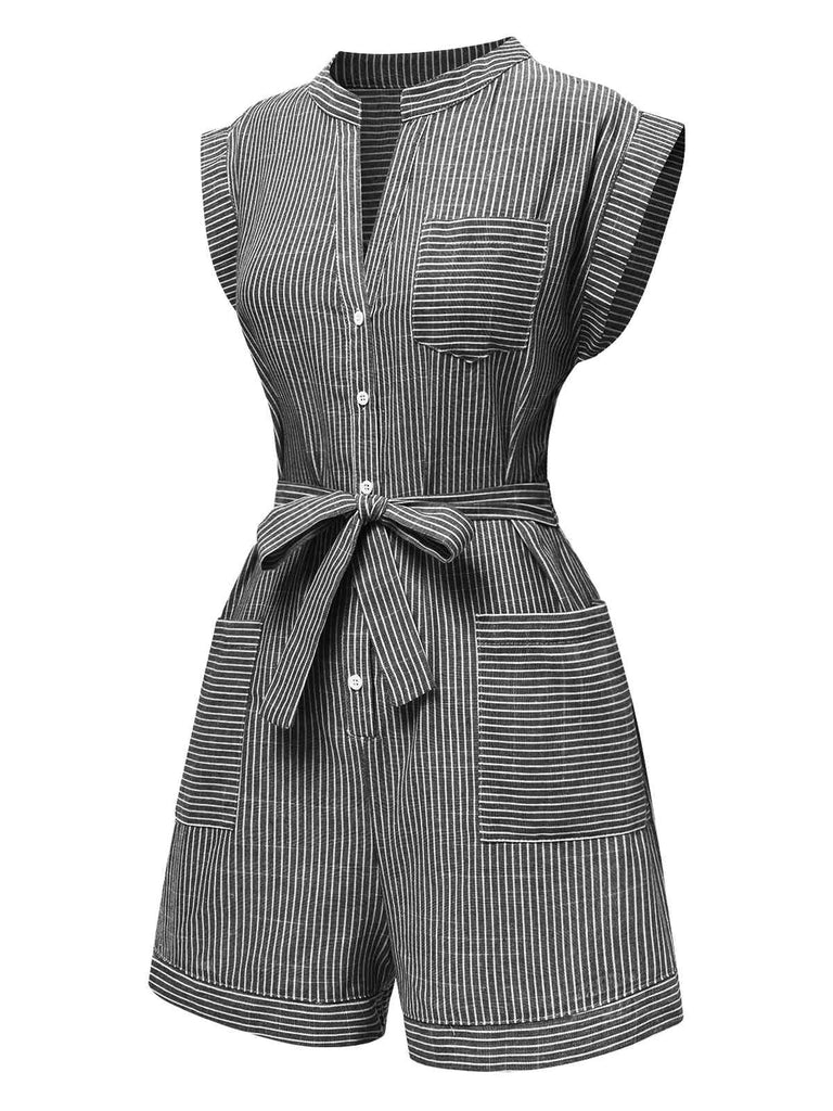Tuta corta a righe cintura e tasche scollo a V nero anni '40
