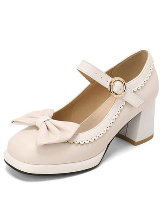 Scarpe Mary Jane con tacco grosso e fiocco albicocco