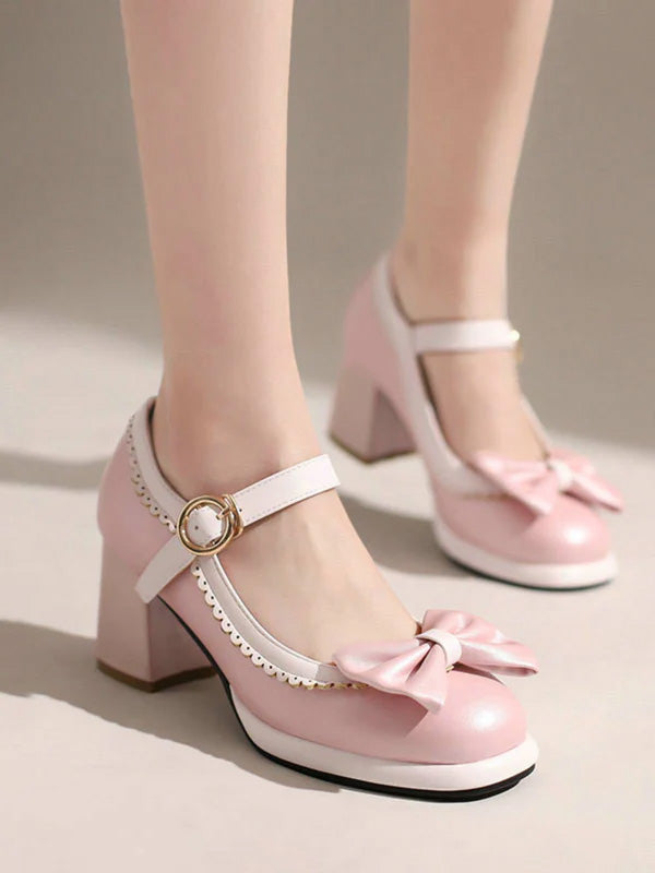Scarpe Mary Jane con tacco grosso e fiocco rosso