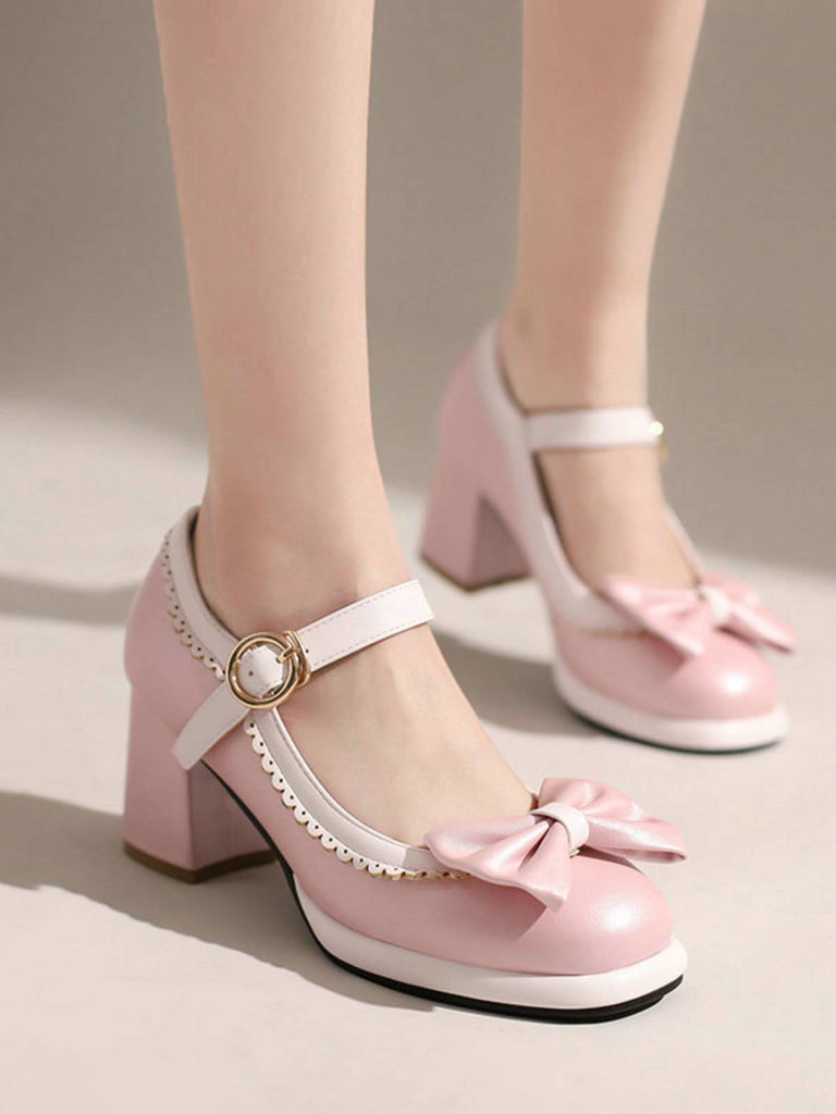 Scarpe Mary Jane con tacco grosso e fiocco giallo