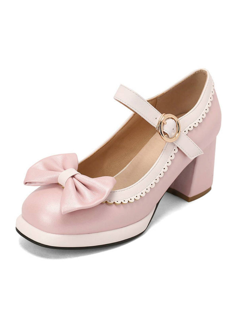 Scarpe Mary Jane con tacco grosso e fiocco giallo