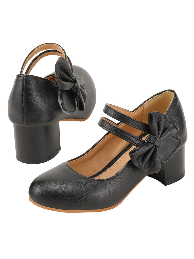 Scarpe Mary Jane con fiocco nero e tacco spesso