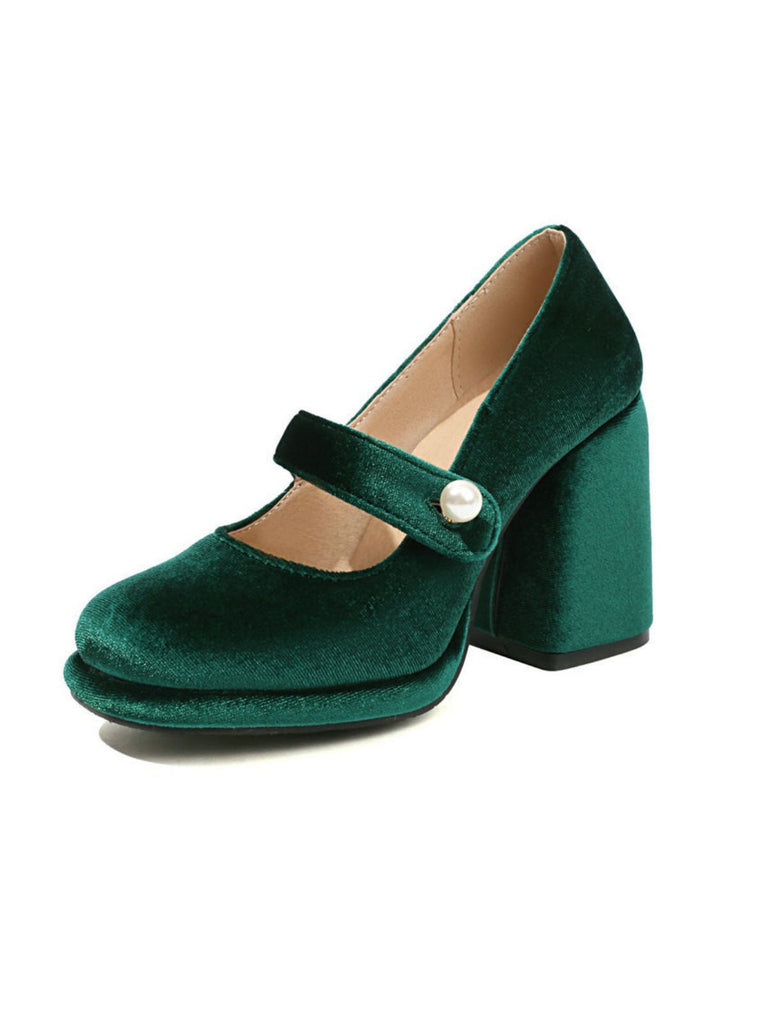 Scarpe Mary Jane in velluto con bottoni di perle e tacco spesso