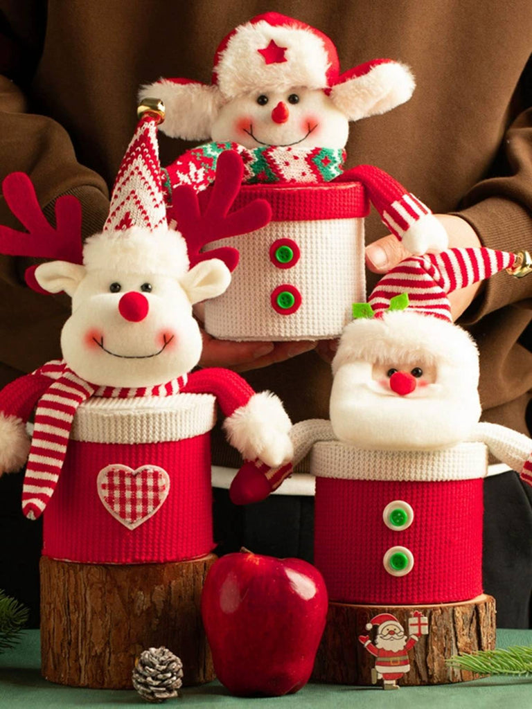 Scatola regalo di peluche a maglia con motivo a cartoni di Buon Natale