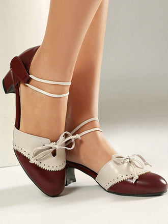 Scarpe Mary Jane Bicolori con Fiocco e Tacco Largo 2