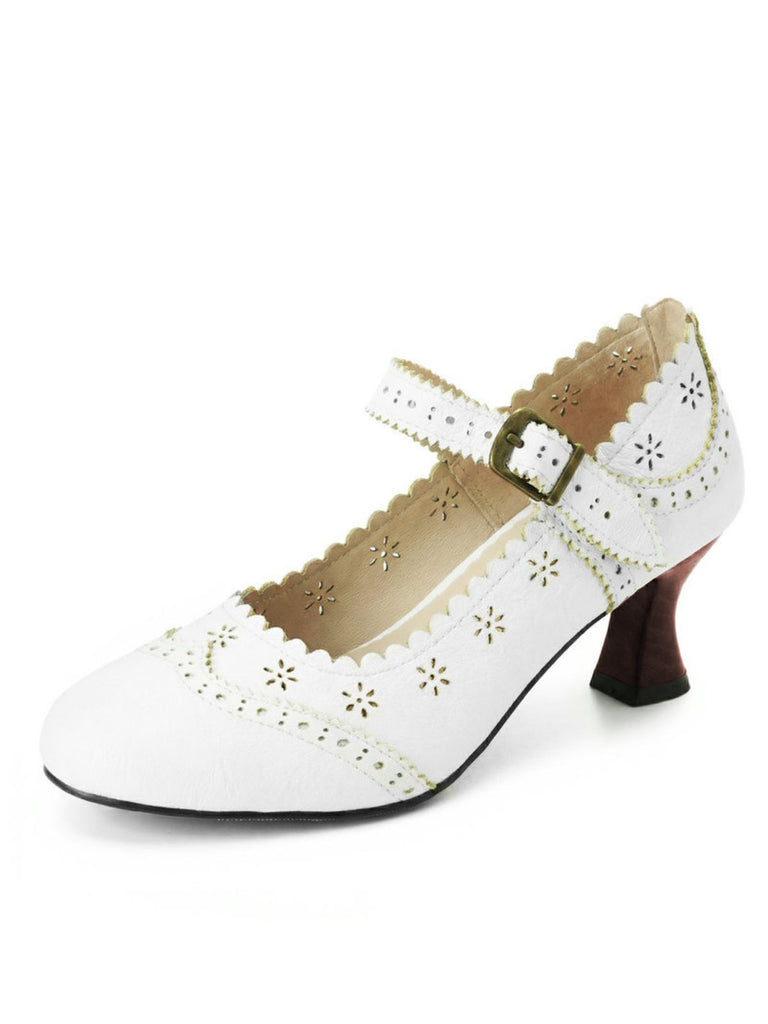 Scarpe con Tacco Largo Brogue Traforate Floreali Vintage