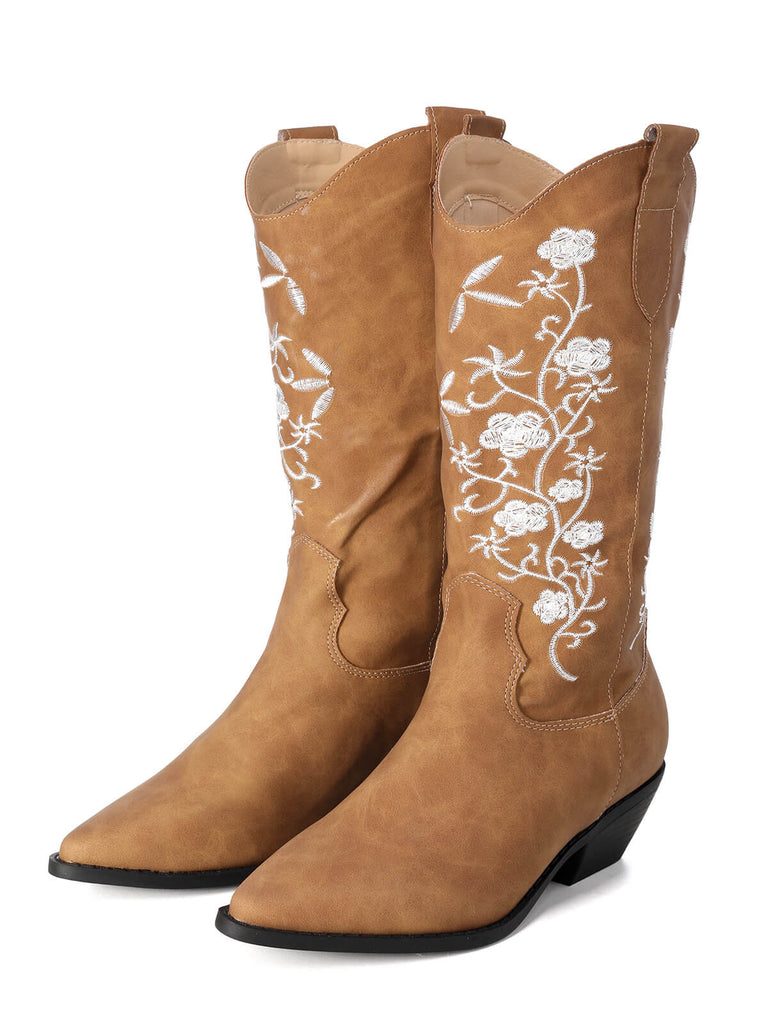 Stivali da cowboy in pelle con fiori ricamati retrò