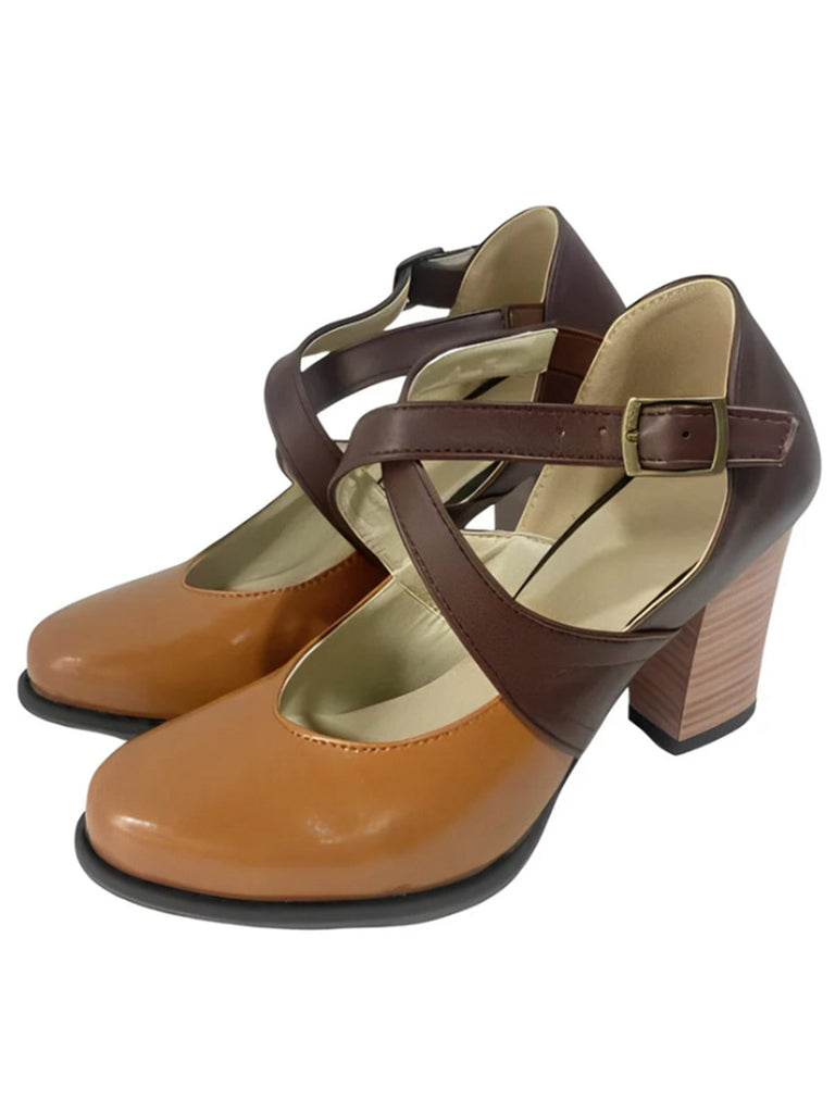 Scarpe con tacco grosso color block con cinturino incrociato marrone