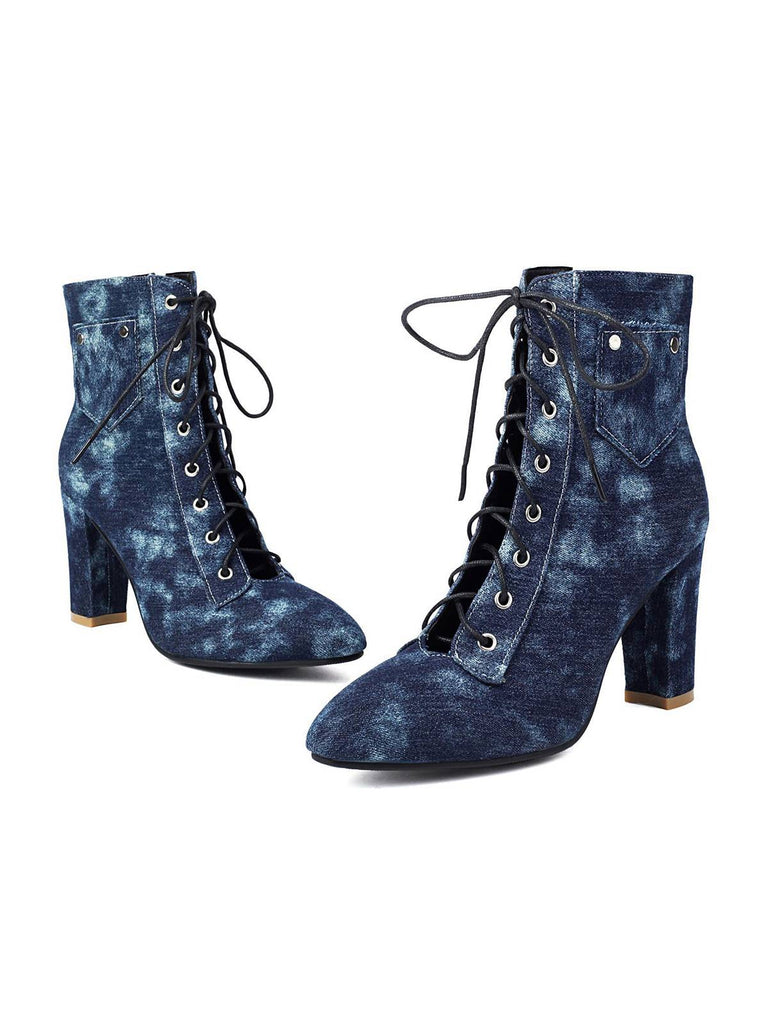 Stivali vintage in denim con tacco alto e lacci