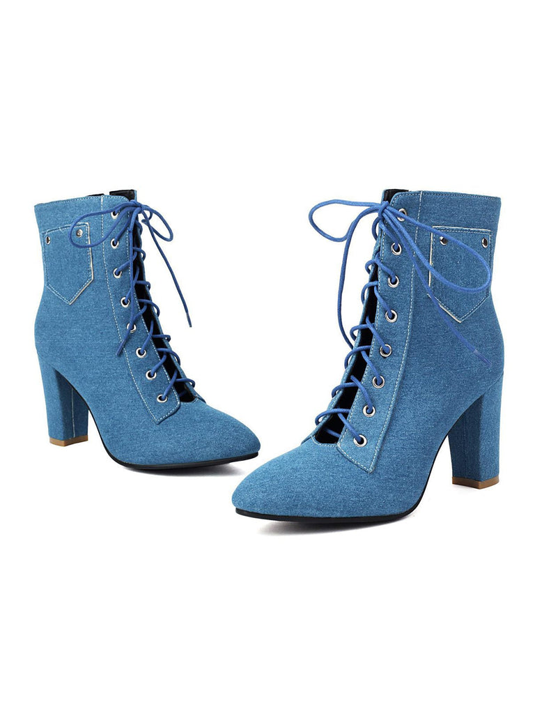 Stivali vintage in denim con tacco alto e lacci