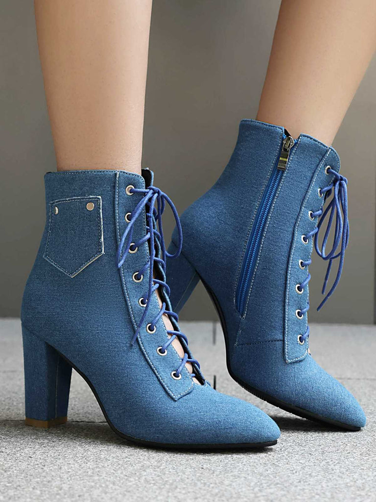 Stivali vintage in denim con tacco alto e lacci