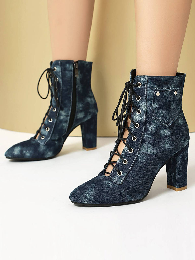 Stivali vintage in denim con tacco alto e lacci