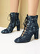 Stivali vintage in denim con tacco alto e lacci