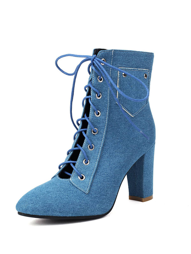 Stivali vintage in denim con tacco alto e lacci