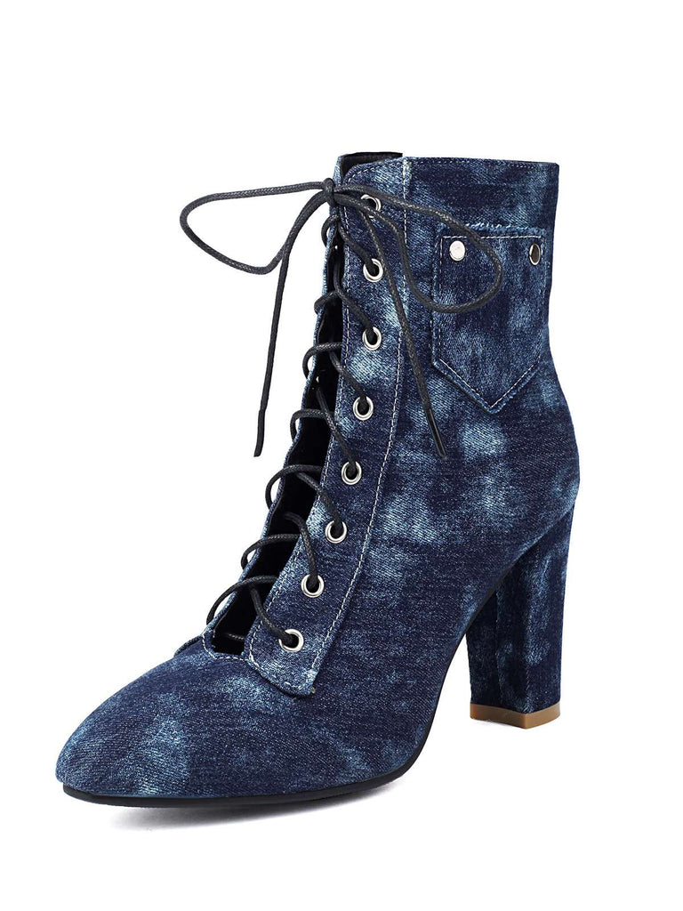 Stivali vintage in denim con tacco alto e lacci