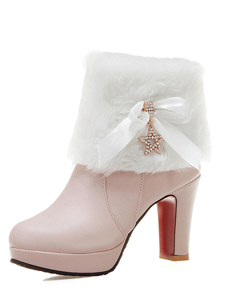 Stivali alti in pelle con patchwork di pelliccia e strass